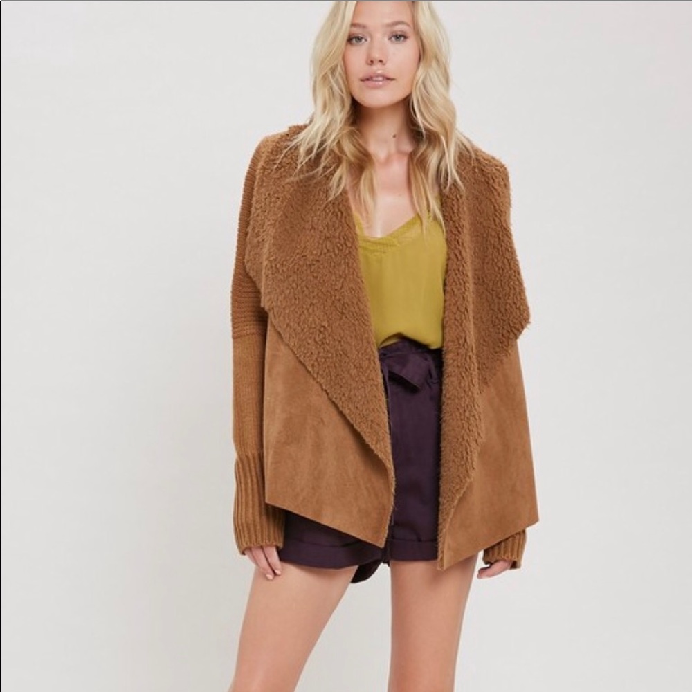 SOLD OUT Long sleeve faux suede sweater jacket in camel